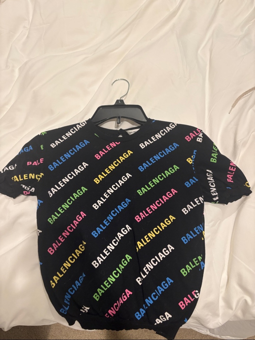 Balenciaga Black Tee with Multicolor Diagonal Logo Print